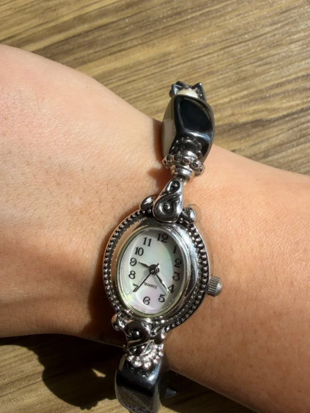 vintage geneva black and silver beaded with mother of pearl face watch OS